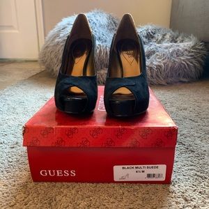 Gold and black peep toe pumps